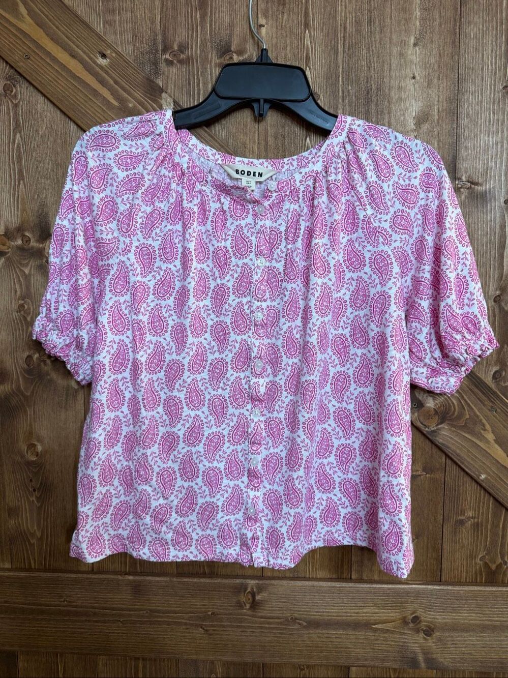 Boden Women’s US 8 Pink White Paisley Print Button Front Puff Sleeve Blouse(9365